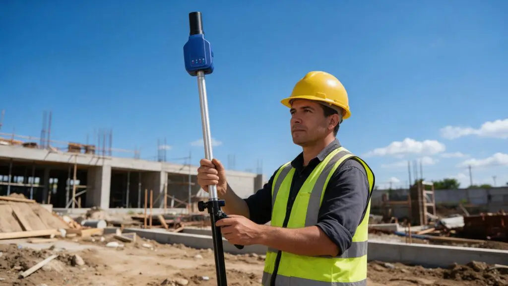 Topógrafo con receptor GNSS RTK Toknav P8 montado en un bastón en una obra de construcción