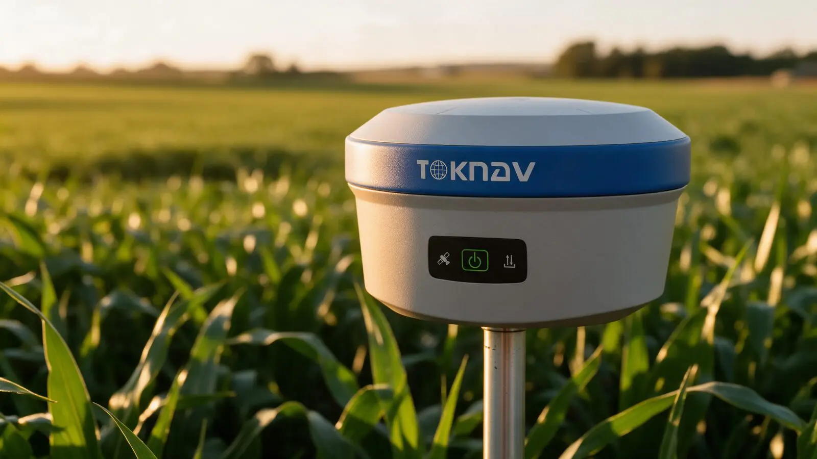 Receptor GNSS Toknav T50 montado en un bastón de topografía en un campo al atardecer