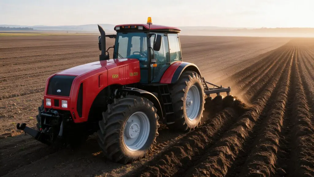 Tractor Belarus 3522 arando un campo al amanecer con surcos paralelos