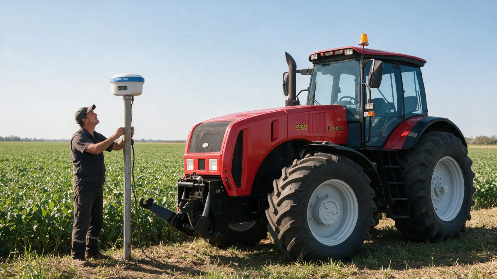 Tractor Belarus junto a un técnico revisando un receptor GNSS Toknav en un cultivo